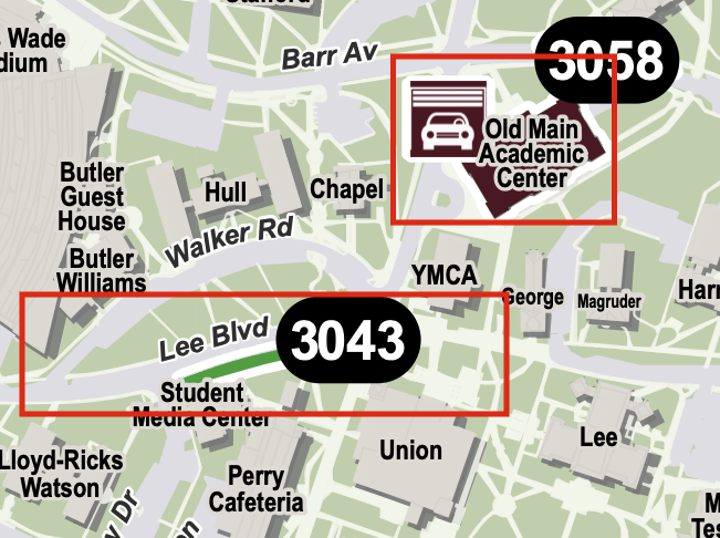 Parking map showing spaces under the Old Main building and on Lee Boulevard
