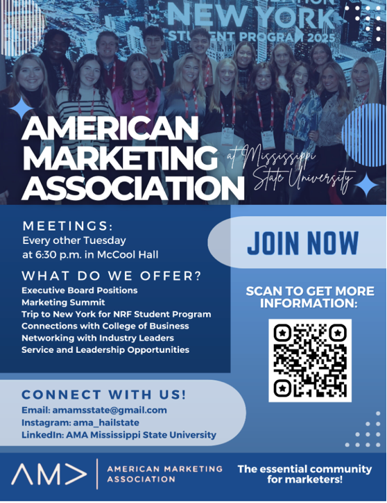 AMA Information Flier- They meet every other Tuesday at 6:30 pm in McCool Hall. for more information email them at amamsstate@gmail.com or follow them on instagram at @ama_hailstate. 